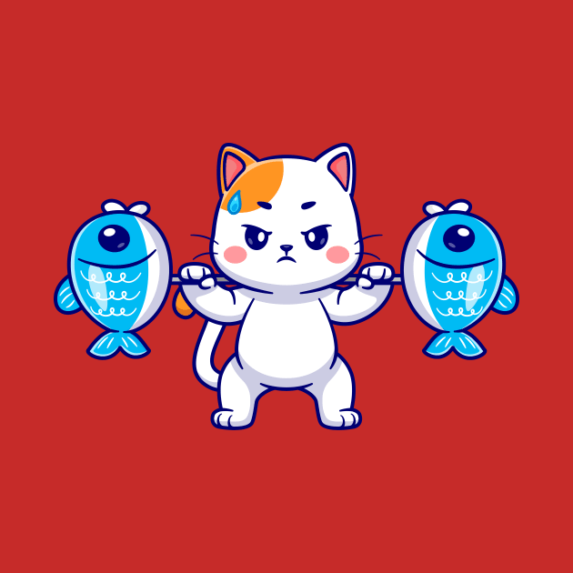 Cute Cat Lifting Fish Barbell Cartoon by Catalyst Labs