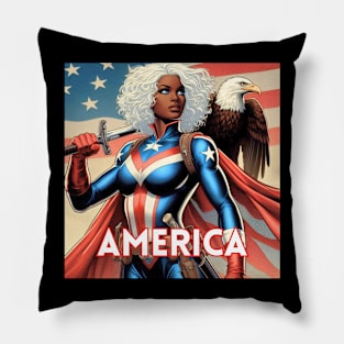 America Black Female Comic Book Superhero Patriotic USA Bald Eagle Pillow