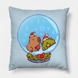 Capybara and a frog in a snow globe Pillow