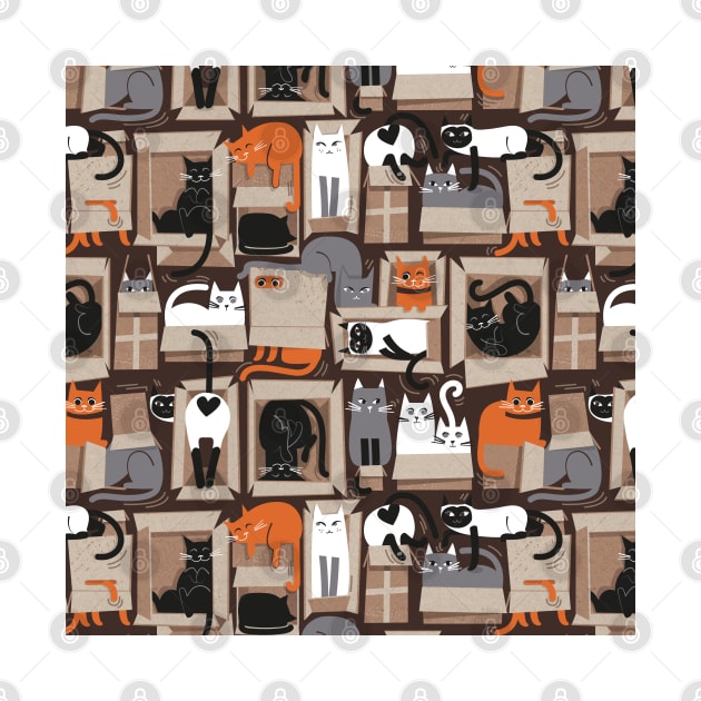 Purfect feline architecture // pattern // brown background cute cats in cardboard boxes by SelmaCardoso