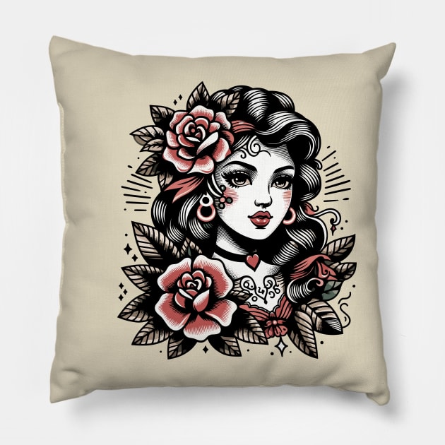 Gypsy Girl Traditional Tattoo Pillow by RCDBerlin