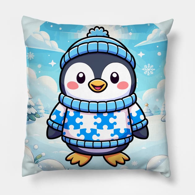 Cute Winter Penguin With Christmas Background And Puzzle Piece Sweater Pillow by SubtleSplit