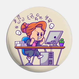 Angry Girl Working On Computer Cartoon Pin
