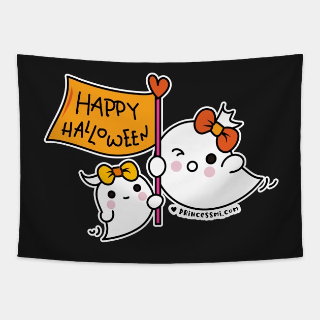 kawaii two ghosts cute spooky ghost illustration, happy halloween Tapestry by princessmi-com