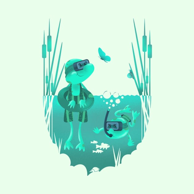 Cute frogs swimming in the pond with diving equipment by pencildog