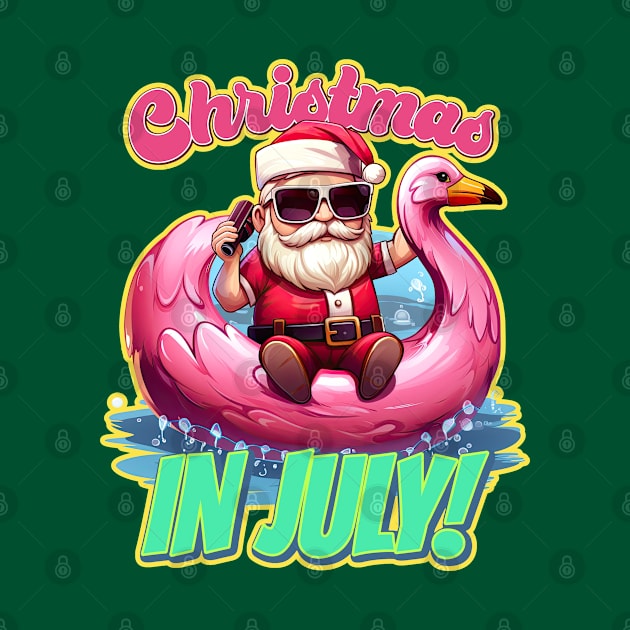 Christmas in July Santa on a Cellphone Pink Flamingo by DanielLiamGill