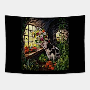 watercolor cow with garden and mixed flowers Tapestry