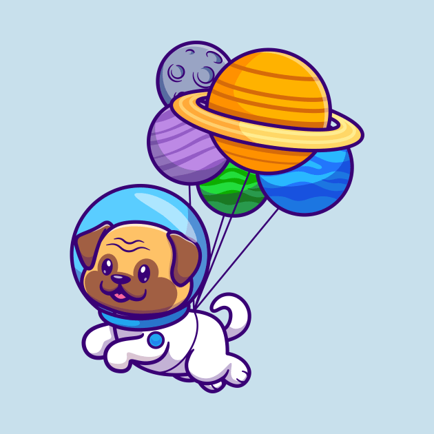 Cute Pug Dog Astronaut Floating With Planet Balloon Cartoon by Catalyst Labs