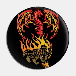 Tribal / Tattoo Art Style Flaming Dragon and Wolf Pin