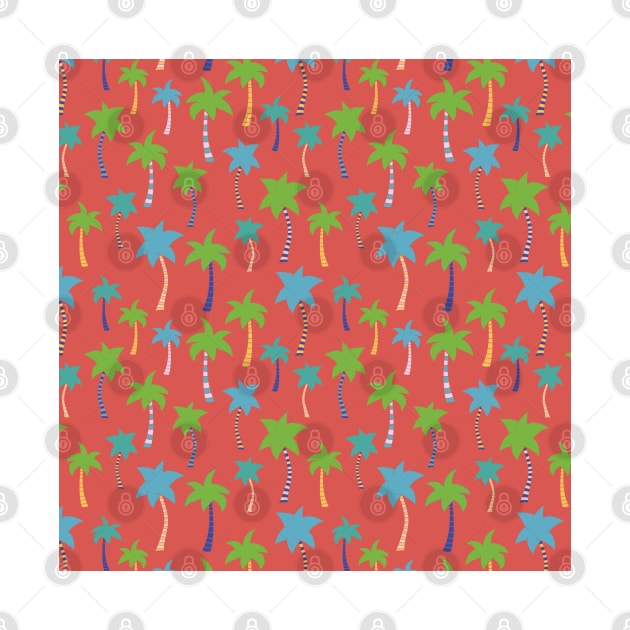 Palm trees on a red background. Colorful palm trees. Green, blue, teal, yellow, and white palm trees on red. Tropical pattern. Summer print. by Sandra Hutter Designs