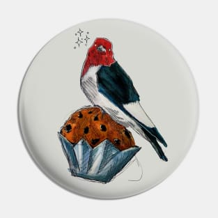 Bakery Birds: Red Headed Woodpecker on Chocolate Chip Muffin Pin