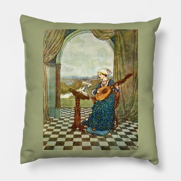 Woman Playing Lute, A Wind’s Tale by Hans Christian Andersen Pillow by rocketshipretro