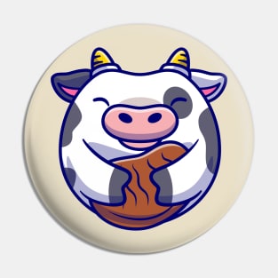 Cute Cow Holding Beef Steak Cartoon Pin