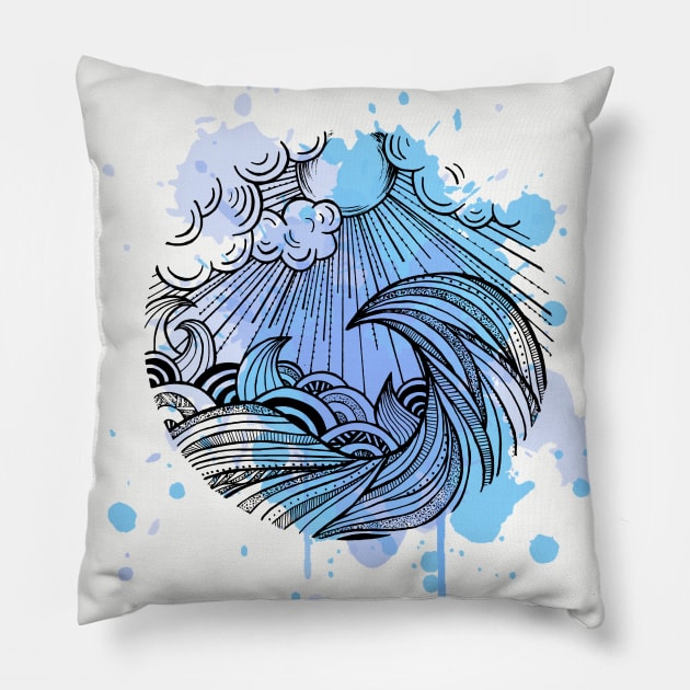 Zentangle Wave Blue Pillow by Prettielilpixie