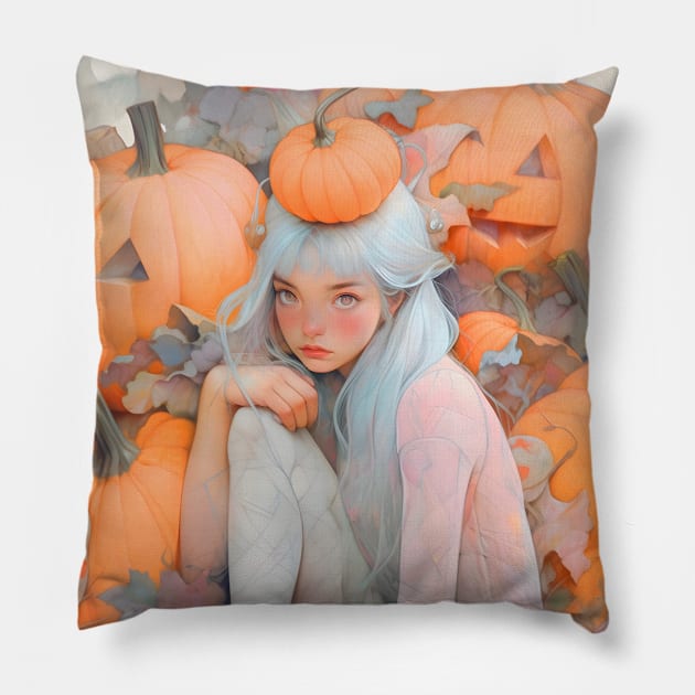 Halloween Pumpkin Girl Pillow by AestheticsArt81