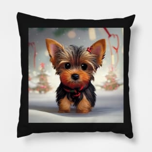 Tiny Cute Yorkshire Terrier Christmas Puppy in the snow Pillow