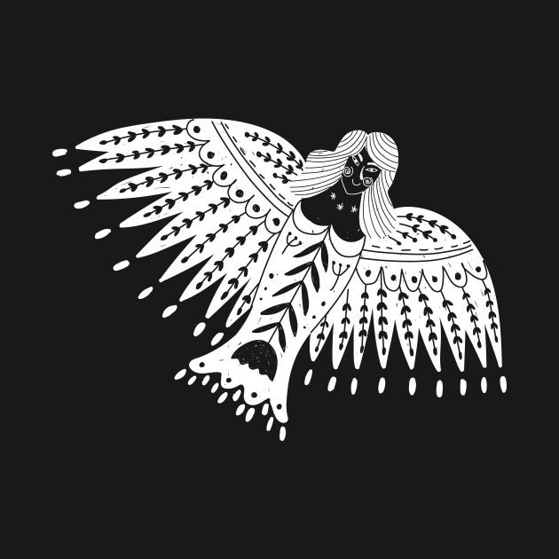 Folk Art Angel with Wings in White by Pixelchicken