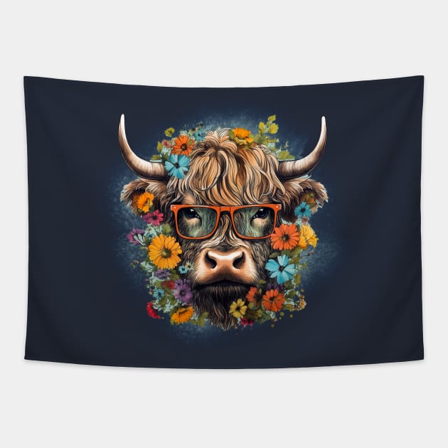 Highland Cow with Flowers Tapestry by Designs by Ira