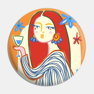 Flower girl with glass of wine, Abstract art, Colorful retro print, Floral art, Self love, Party mood Pin