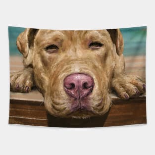 A Painting of a Red Nose Pit Bull Taking a Nap and Sunbath Tapestry