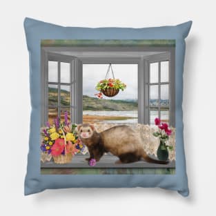 Summer Holiday Cute Ferret with flowers Art Pillow