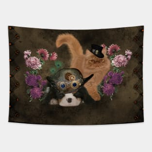 Cute Spaniel puppy and cat with steampunk hats Tapestry