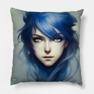 Beaux Animes Art, Anime Girl with blue hair Illustration Design Pillow