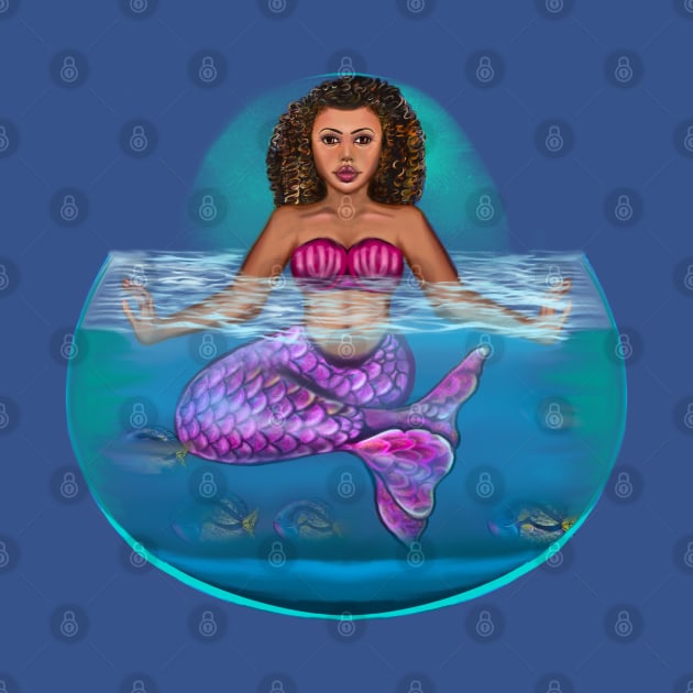 Mermaid pose underwater Cute  mermaid siting cross legged, brown eyes, Curly hair  and caramel brown skin - light background by Artonmytee