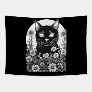 Aesthetic black cat  black and white with flowers Tapestry
