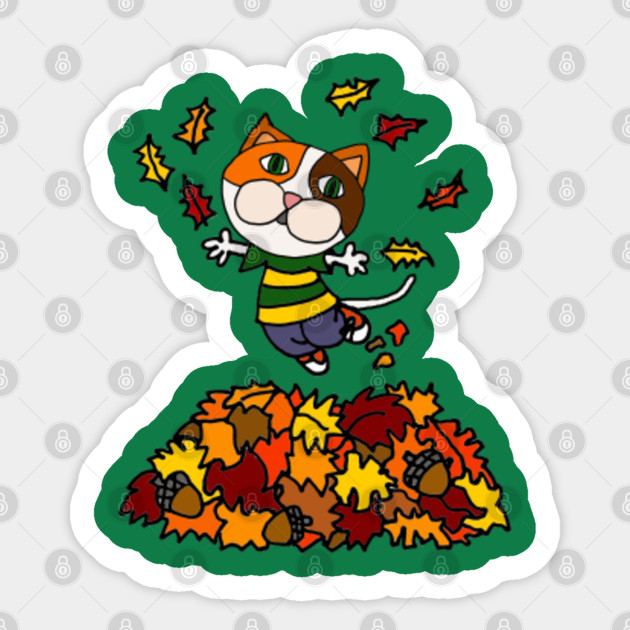 Cute Calico Cat Jumping In Autumn Leaves Cat Sticker