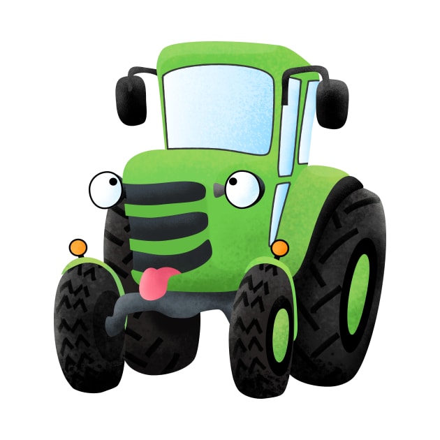 Cute green happy farm tractor cartoon illustration by FrogFactory