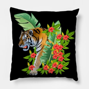 Tiger Tropical Cat Floral Palm Leaves Pillow