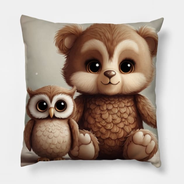 Teddy Bear and Baby Owl: Adorable Friends Pillow by susiesue