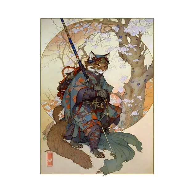 Vintage Art Nouveau Traditional Japanese Kitsune Samurai by entwithanaxe