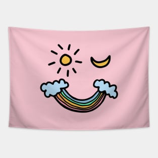 Sun Moon Rainbow Winking Smiley Face Tapestry