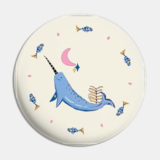 Narwhal with fishes - blue, pink, yellow Pin