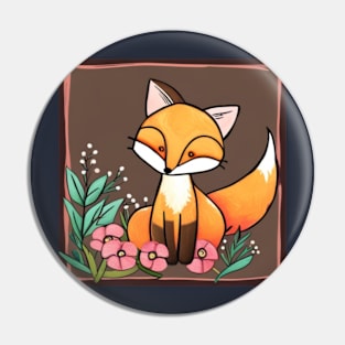 Cute Folk Art Fox With Flowers Pin