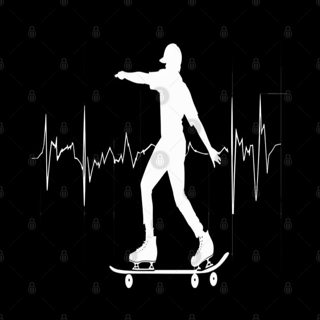 Roller Skate line drawing and heartbeat in white for skaters and roller derby fans by Customo