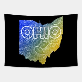 Colorful mandala art map of Ohio with text in blue and yellow Tapestry