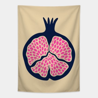 POMEGRANATE Fresh Plump Ripe Tropical Fruit in Dark Blue with Cream and Fuchsia Hot Pink Seeds - UnBlink Studio by Jackie Tahara Tapestry