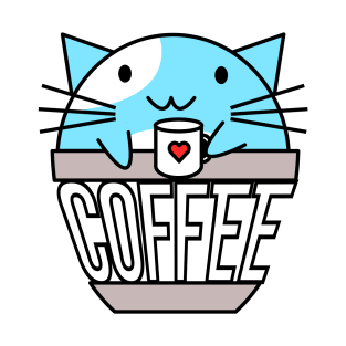 Cat in coffee cup with warped text holding coffee cup with heart blue and white T-Shirt