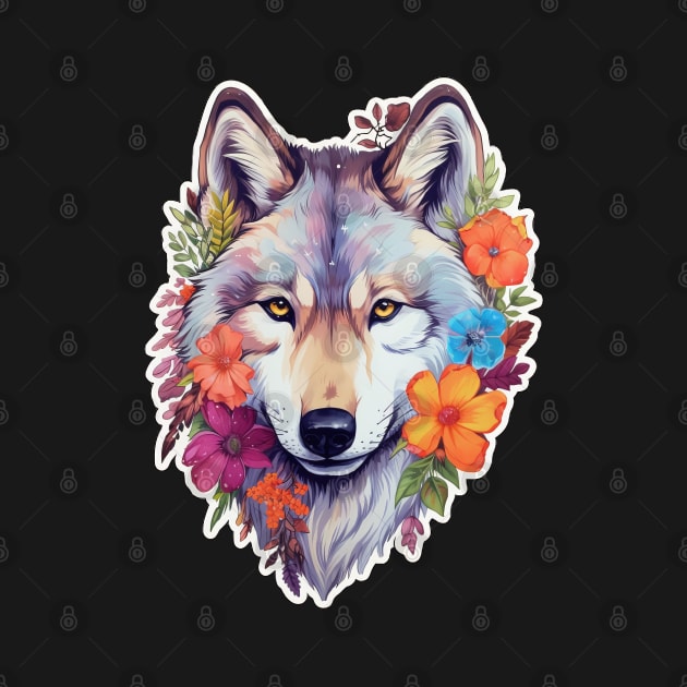 Colorful Wolf With Flowers by 777Design-NW