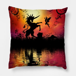 Unicorn with fairy in the sunset Pillow