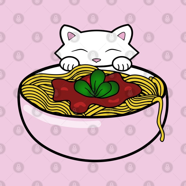 Hungry cat eating bowl of pasta by Purrfect