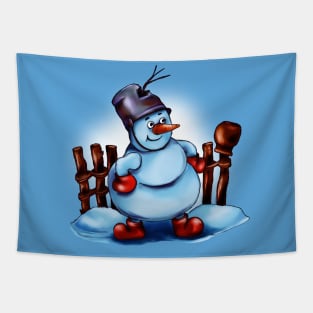 a snowman with a bucket on his head Tapestry