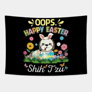 Shih Tzu Dog Bunny Costume Playing Flower Eggs Happy Easter Tapestry