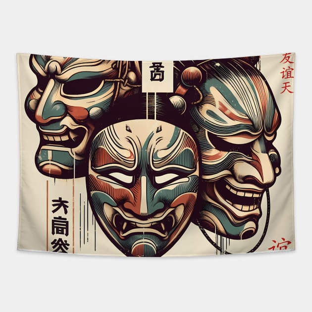 Three Japanese Masks: Art, Theater, and Mystery Tapestry by IA.PICTURE