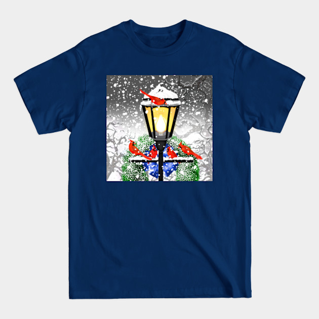 Disover Christmas Street Lamp with Cardinals and Wreath - Christmas Art - T-Shirt