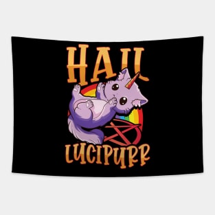 Cute & Funny Satanic Hail Lucipurr Rainbow Kitty Tapestry