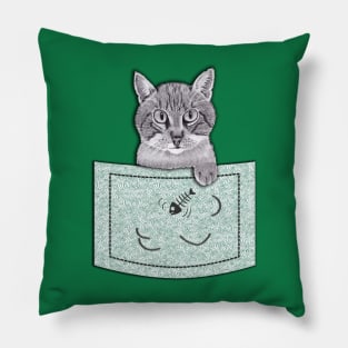 Cat Thief in Pocket! Pencil Drawings (Green) Pillow